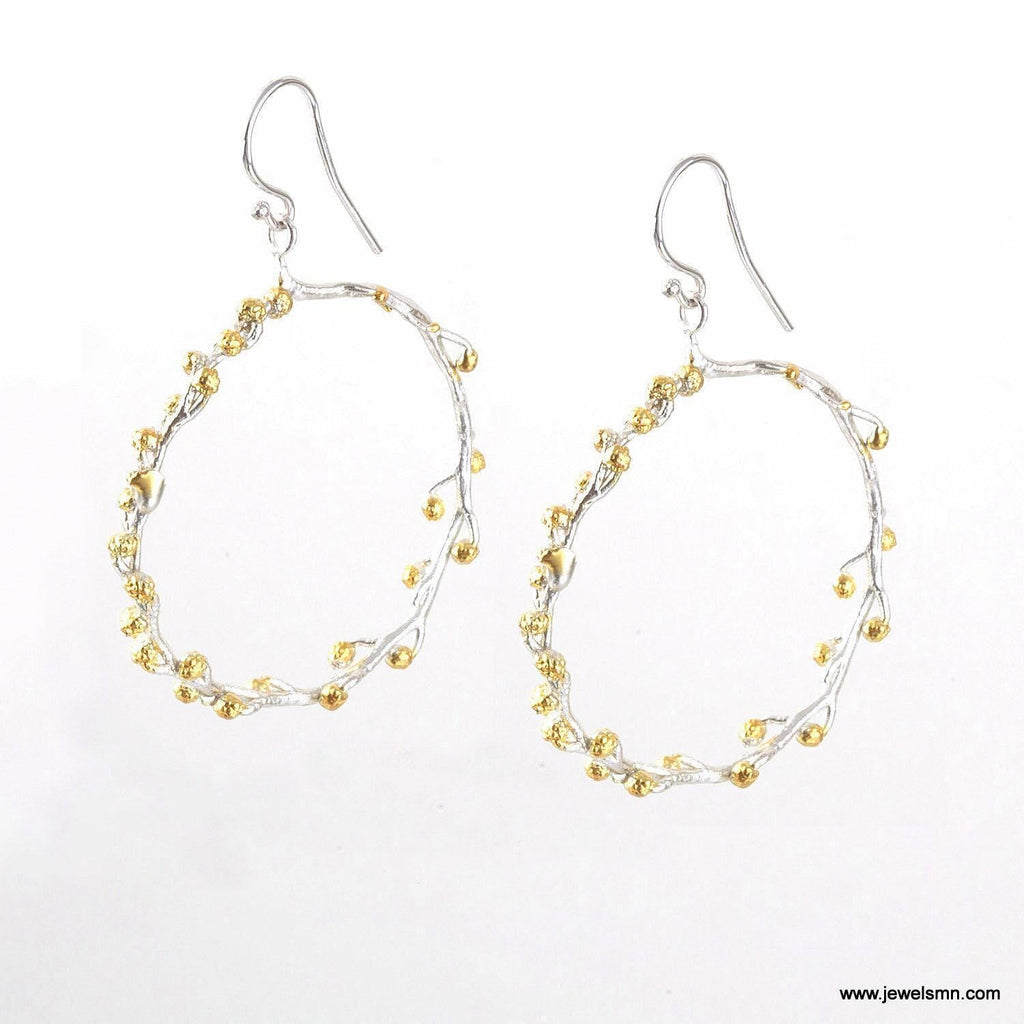 Real Mimosa Branch Earrings, Handmade Nature Jewelry, Organic Forest Hoops, Gift for Vitality & Luck, Gold on Sterling Silver 925