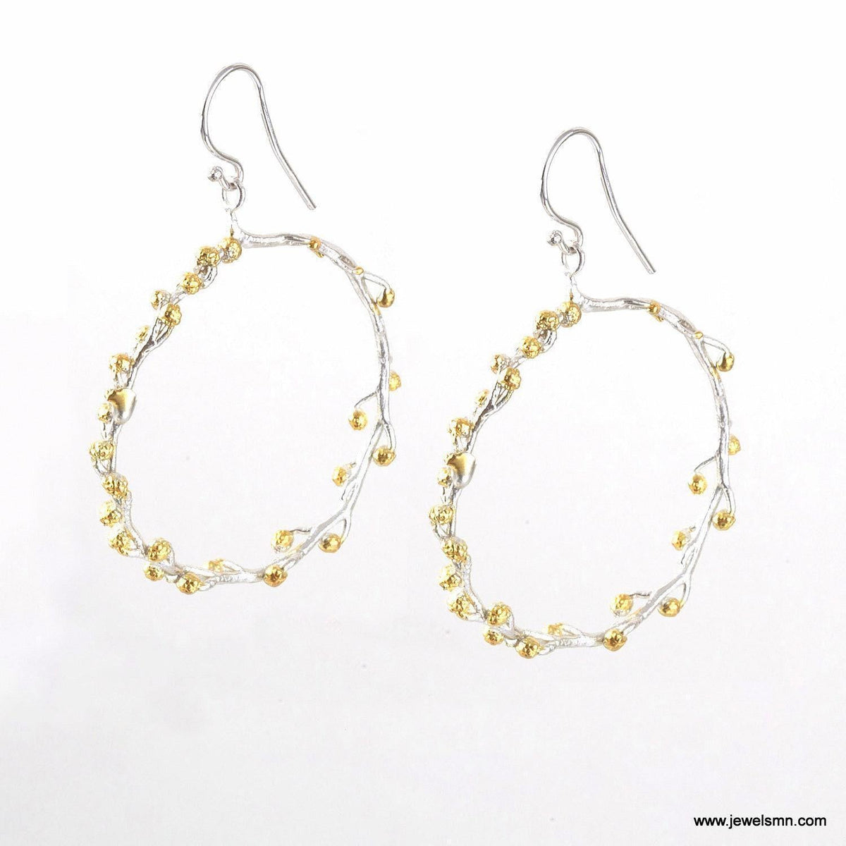 Real Mimosa Branch Earrings, Handmade Nature Jewelry, Organic Forest Hoops, Gift for Vitality & Luck, Gold on Sterling Silver 925