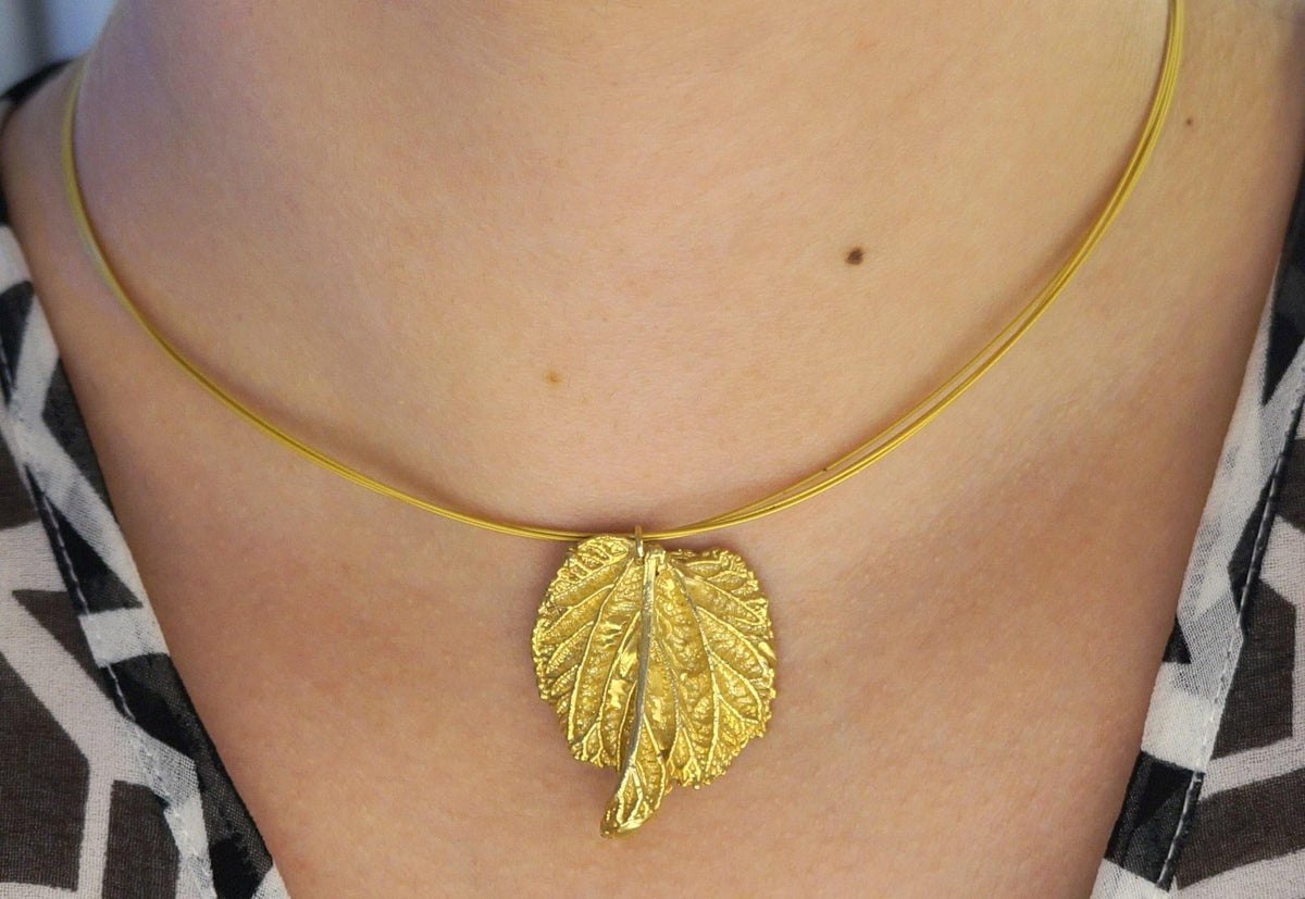 Real Mulberry Leaf Necklace, Handmade Nature Jewelry, Organic Gold Pendant, Gift for Rejuvenation & Health, Sterling Silver 925