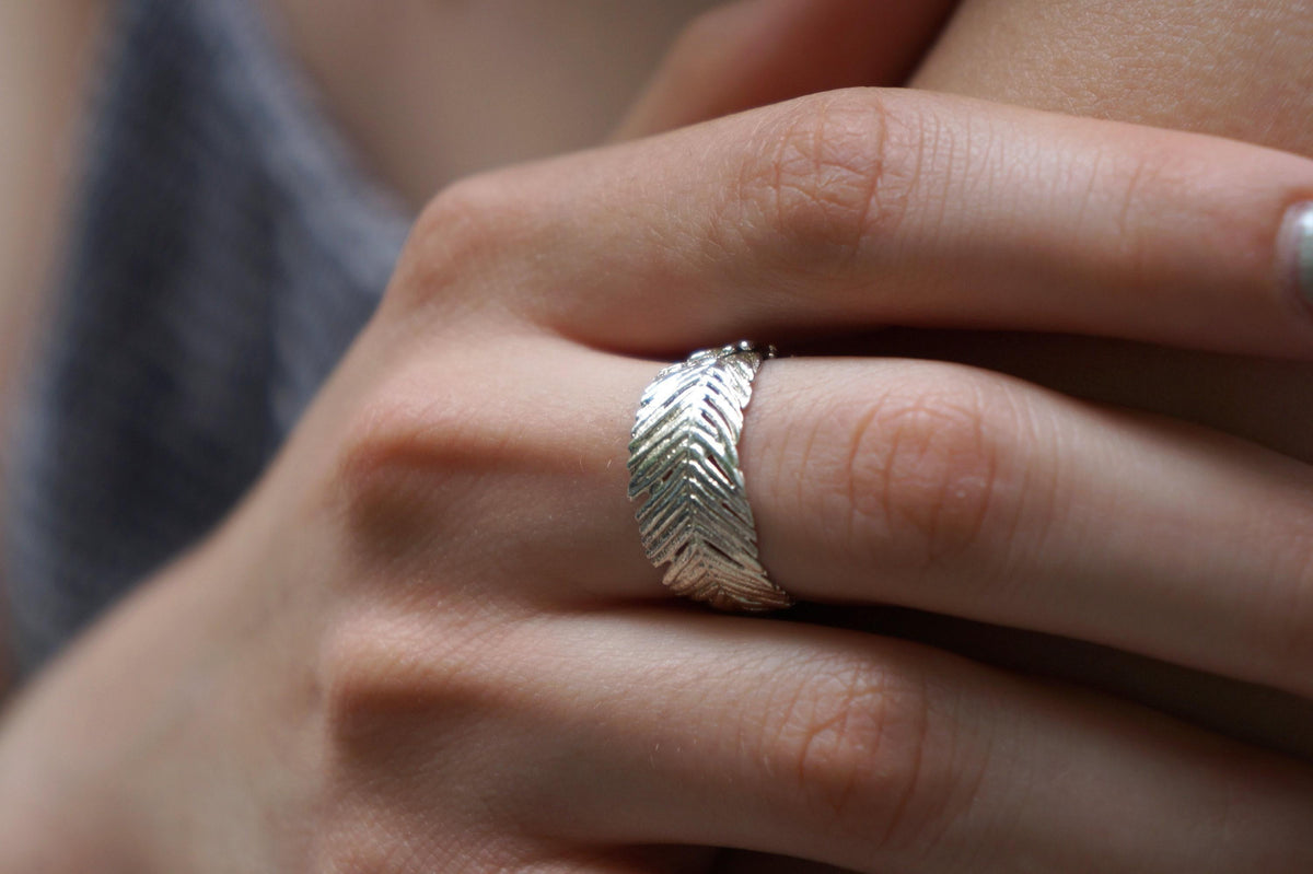 Real Mimosa Leaf Ring, Handmade Nature Jewelry, Organic Forest Band, Gift for Rejuvenation & Luck, Gold or Sterling Silver 925