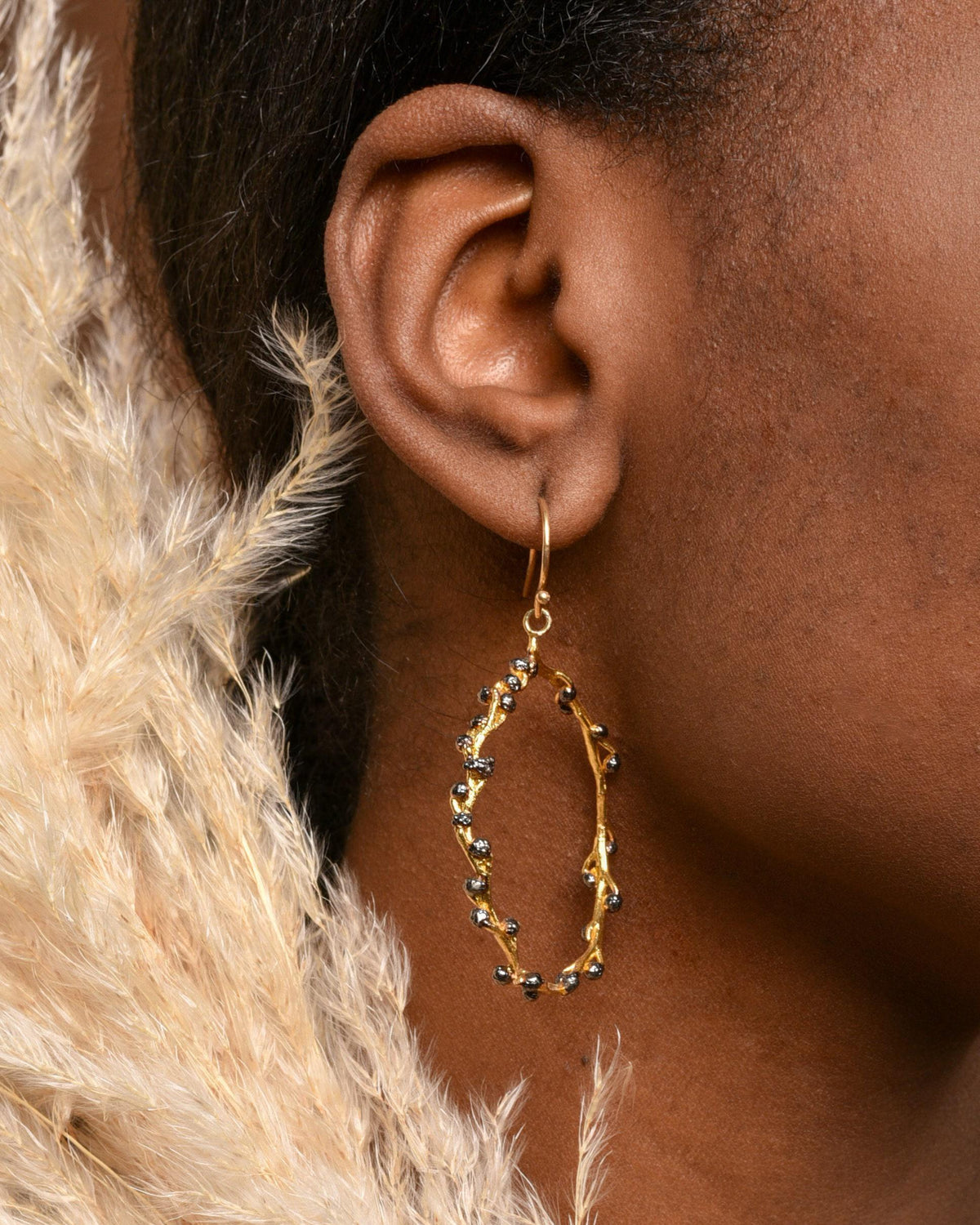 Real Mimosa Branch Earrings, Handmade Nature Jewelry, Organic Forest Hoops, Gift for Vitality & Luck, Gold on Sterling Silver 925