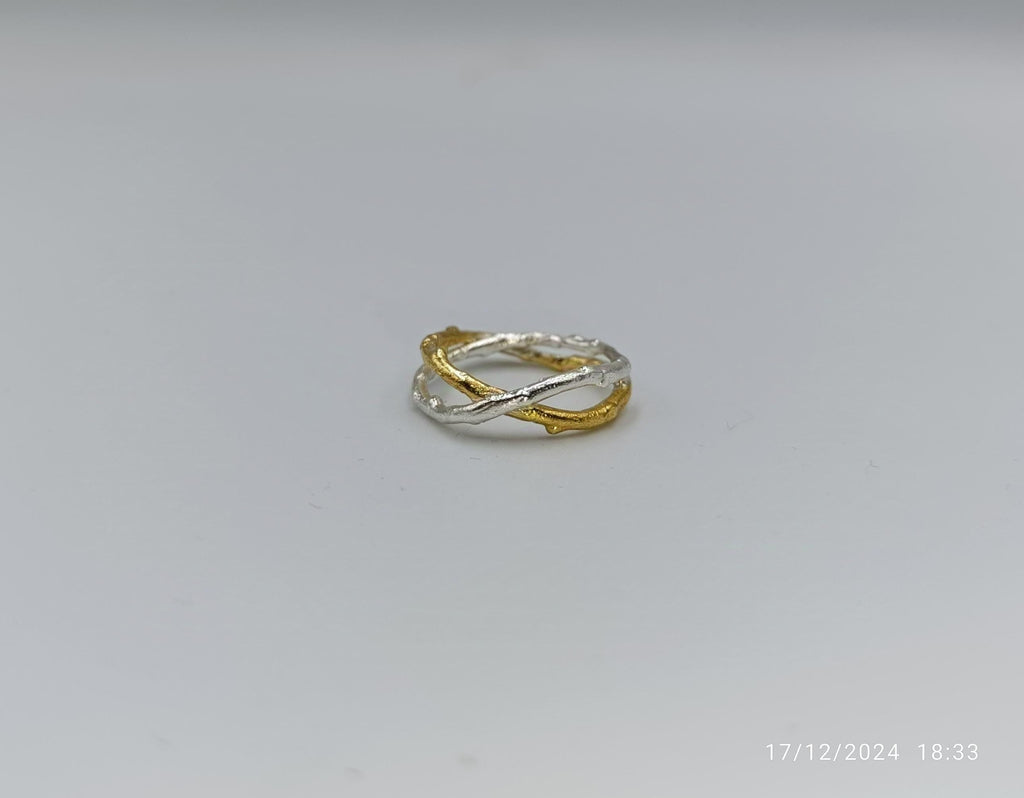 Two-Tone Olive Twig Ring, Handmade Minimalist Jewelry, Organic Branch Band, Gift for Health and Longevity, Sterling Silver 925