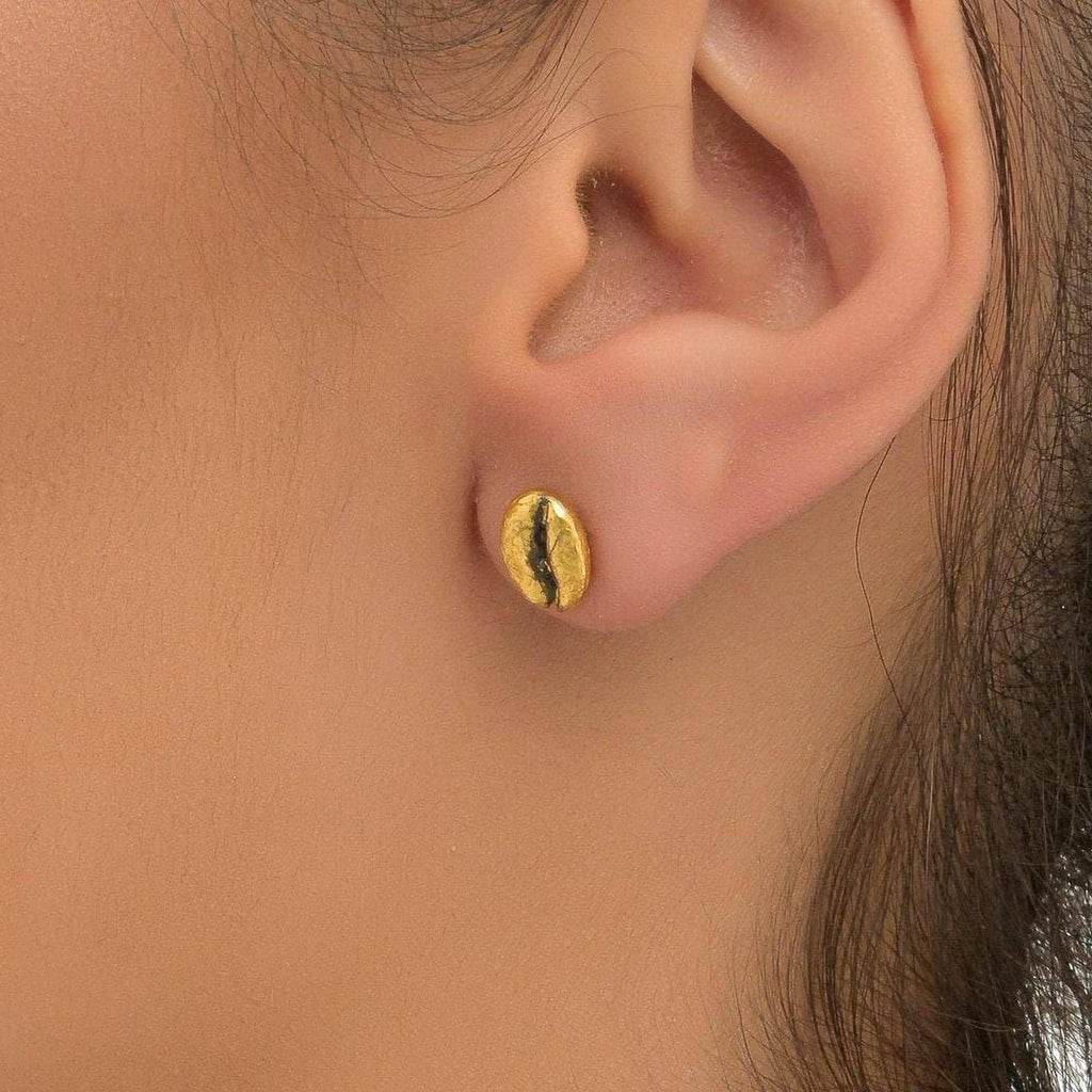 Real Coffee Bean Earrings, 14K Gold Plated Brass Stud Earrings, Handmade Minimalist Jewelry Gift, Minimalist Gold Studs