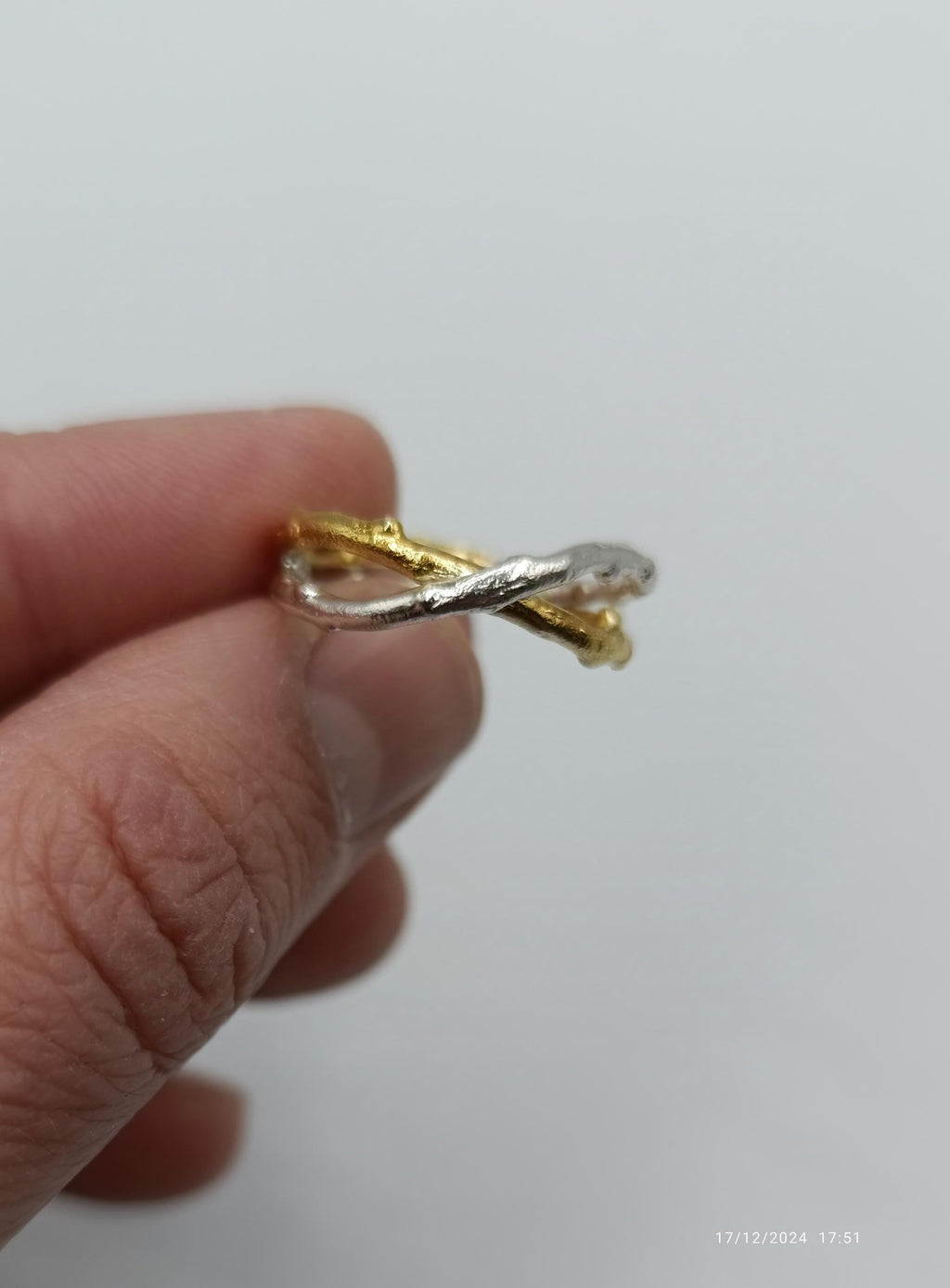 Two-Tone Olive Twig Ring, Handmade Minimalist Jewelry, Organic Branch Band, Gift for Health and Longevity, Sterling Silver 925