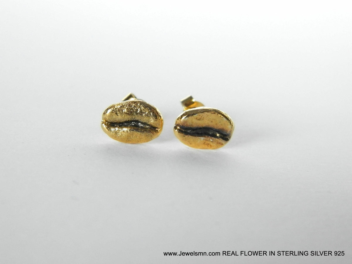 Real Coffee Bean Earrings, 14K Gold Plated Brass Stud Earrings, Handmade Minimalist Jewelry Gift, Minimalist Gold Studs