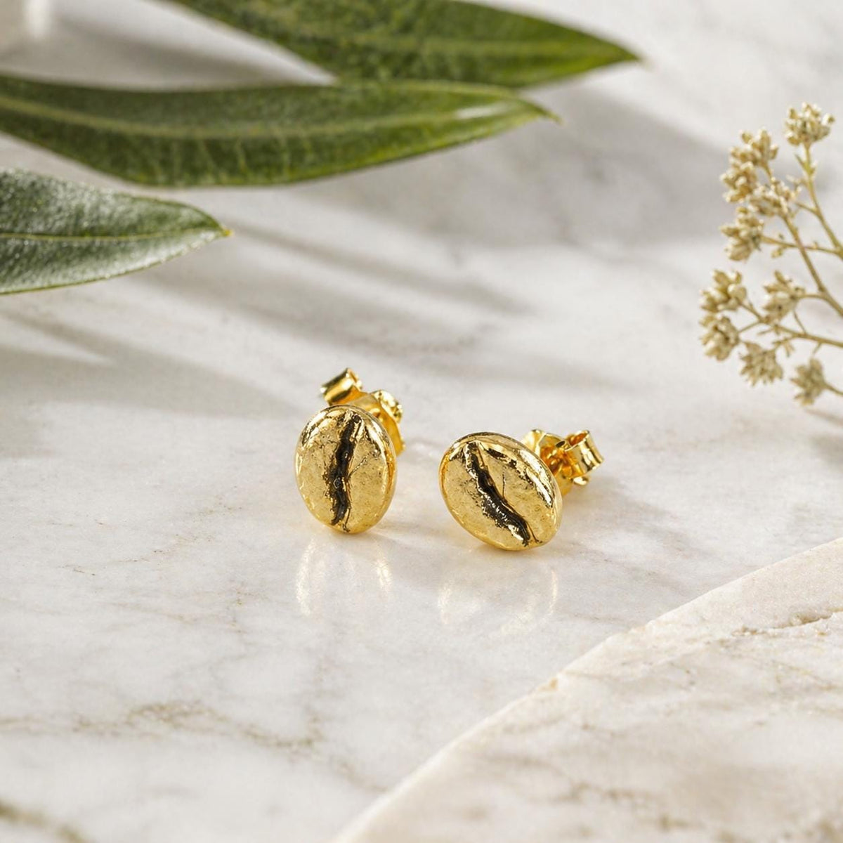 Real Coffee Bean Earrings, 14K Gold Plated Brass Stud Earrings, Handmade Minimalist Jewelry Gift, Minimalist Gold Studs