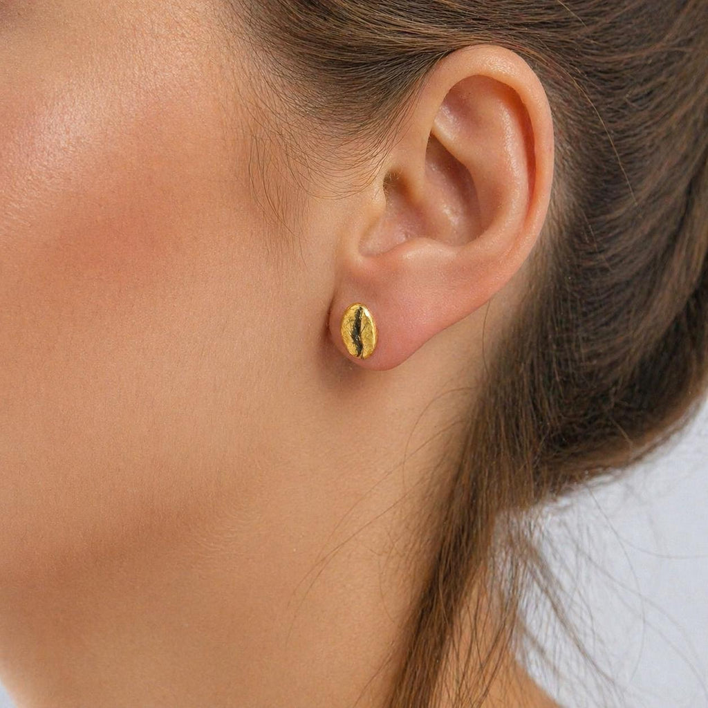 Real Coffee Bean Earrings, 14K Gold Plated Brass Stud Earrings, Handmade Minimalist Jewelry Gift, Minimalist Gold Studs