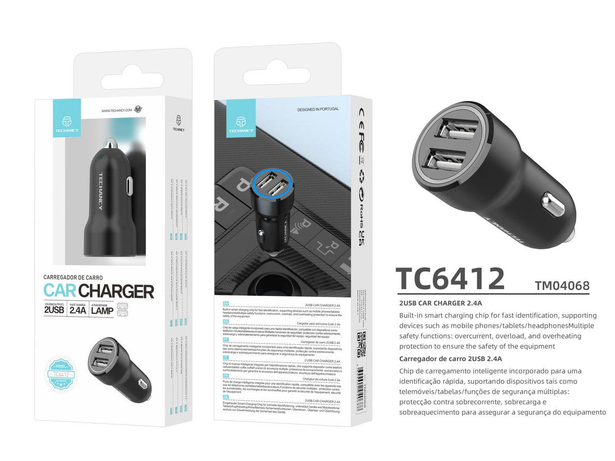 Techancy Carregador de Carro 2USB 2.4A TC6412 , Carregamento Rápido, Identificação Inteligente, Proteção Múltipla