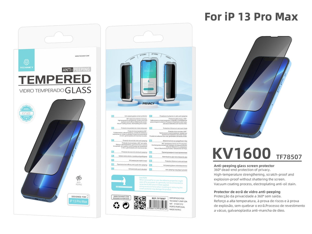 Protetor de ecrã premium para smartphone Techancy, protetor de privacidade, KV1600, compatível com iPhone 13 Pro Max