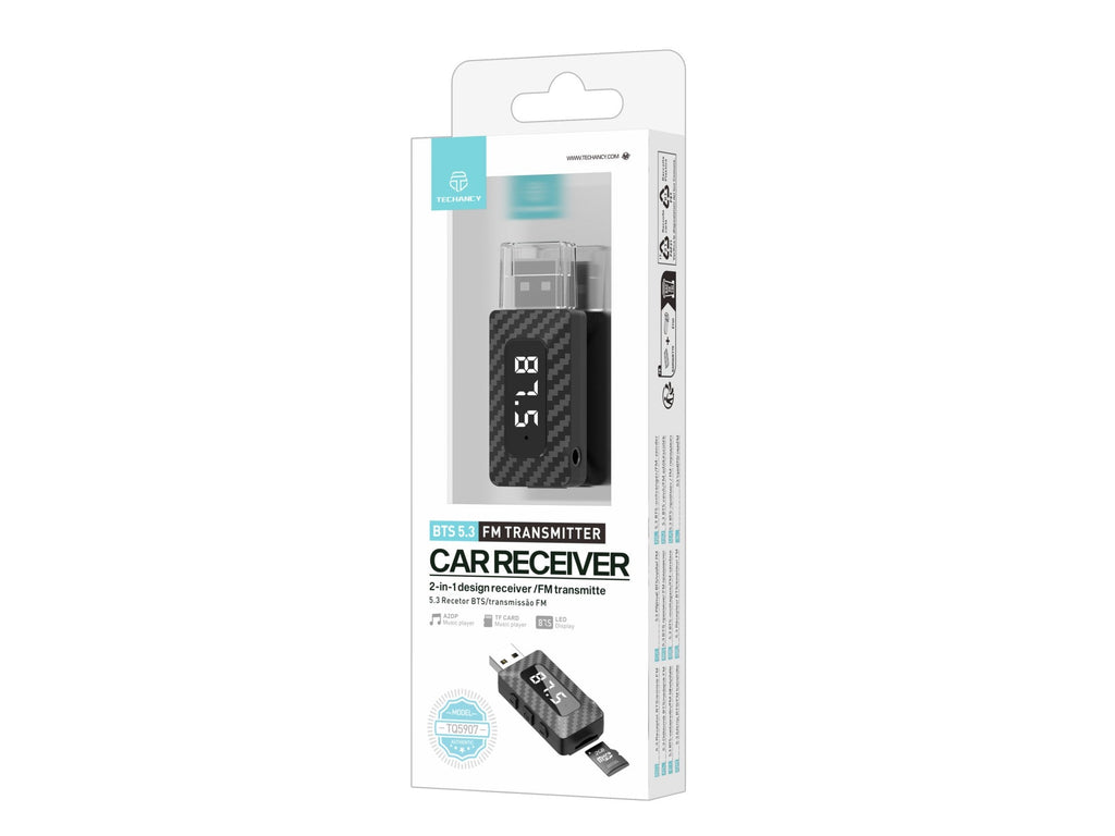 Techancy Recetor/Transmissor Fm Bts 5.3 TQ5907, Suporta Leitura De Cartões Tf, Fonte De Alimentação Usb, Saída Aux De 3,5 Mm.
