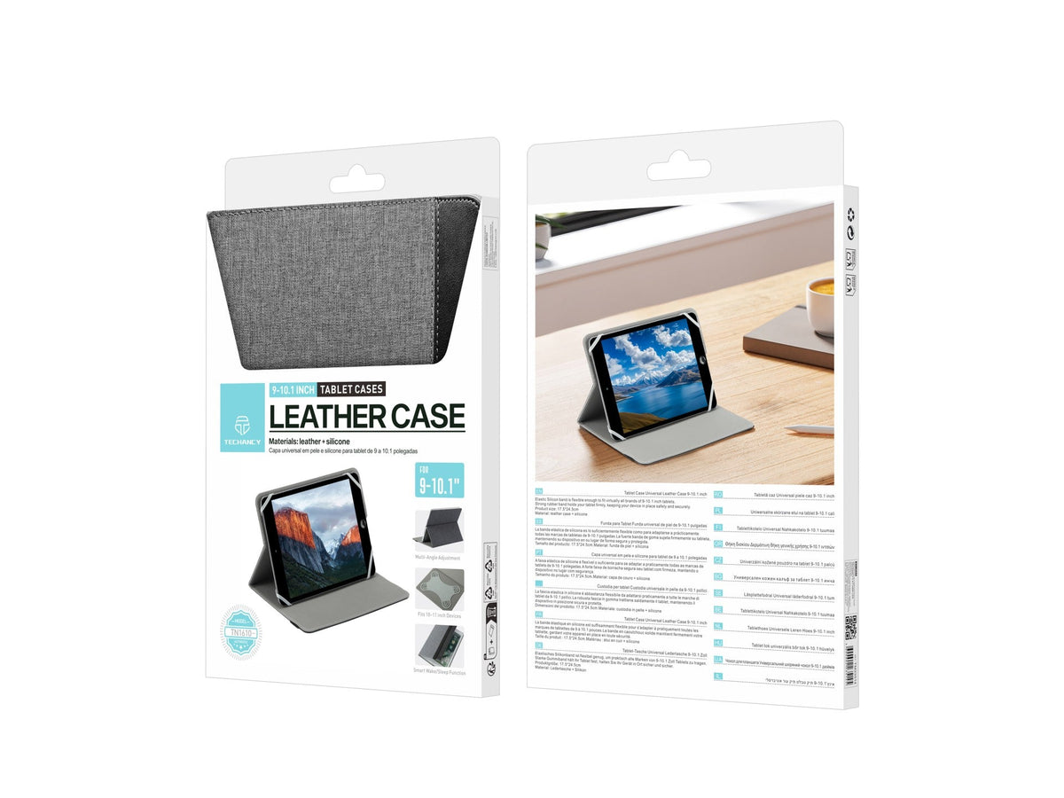 Techancy Capa Tablet TN1610 Universal Para 9-10.1 Polegadas Couro Silicone Ajustavel Multiangulos Faixa Elastico Antiderrapante Cinza