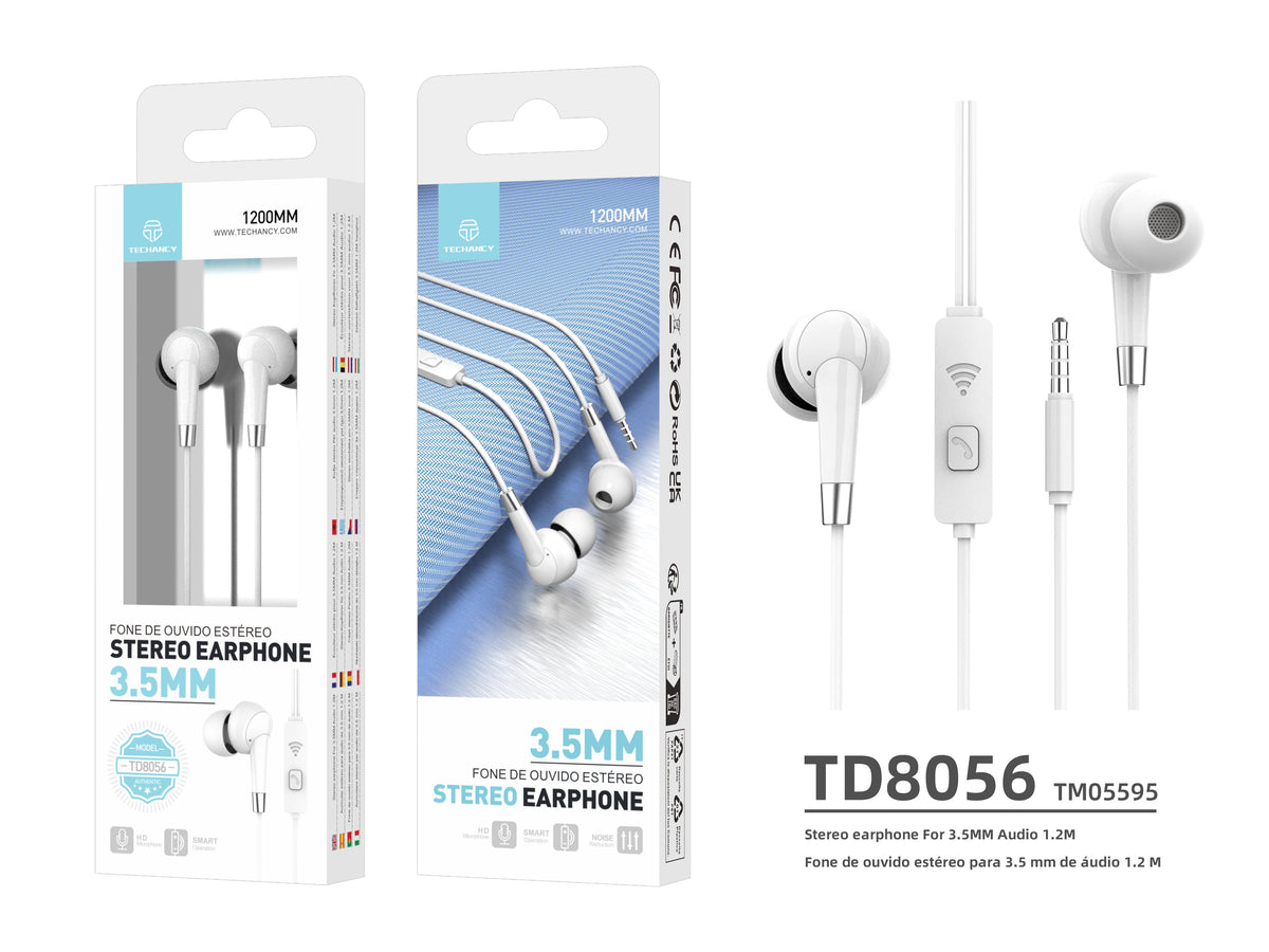 Techancy Auscultadores Intra-Auriculares Com Fios Brancos 1,2 M TD8056, Tomada De 3,5 Mm Compatível Com Telemóveis/Pc/Mp3, Etc.