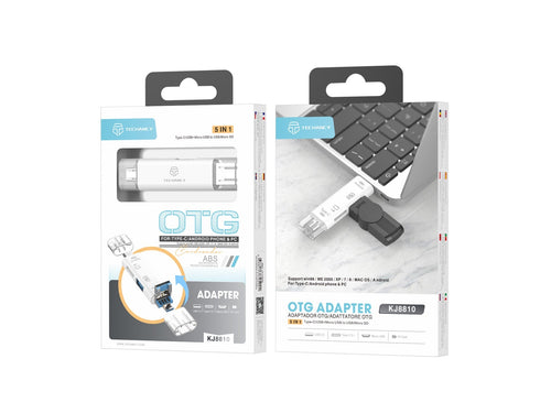 Adaptador OTG Techancy 5 em 1 com leitor de armazenamento compatível com telemóveis e computadores, KJ8810, branco
