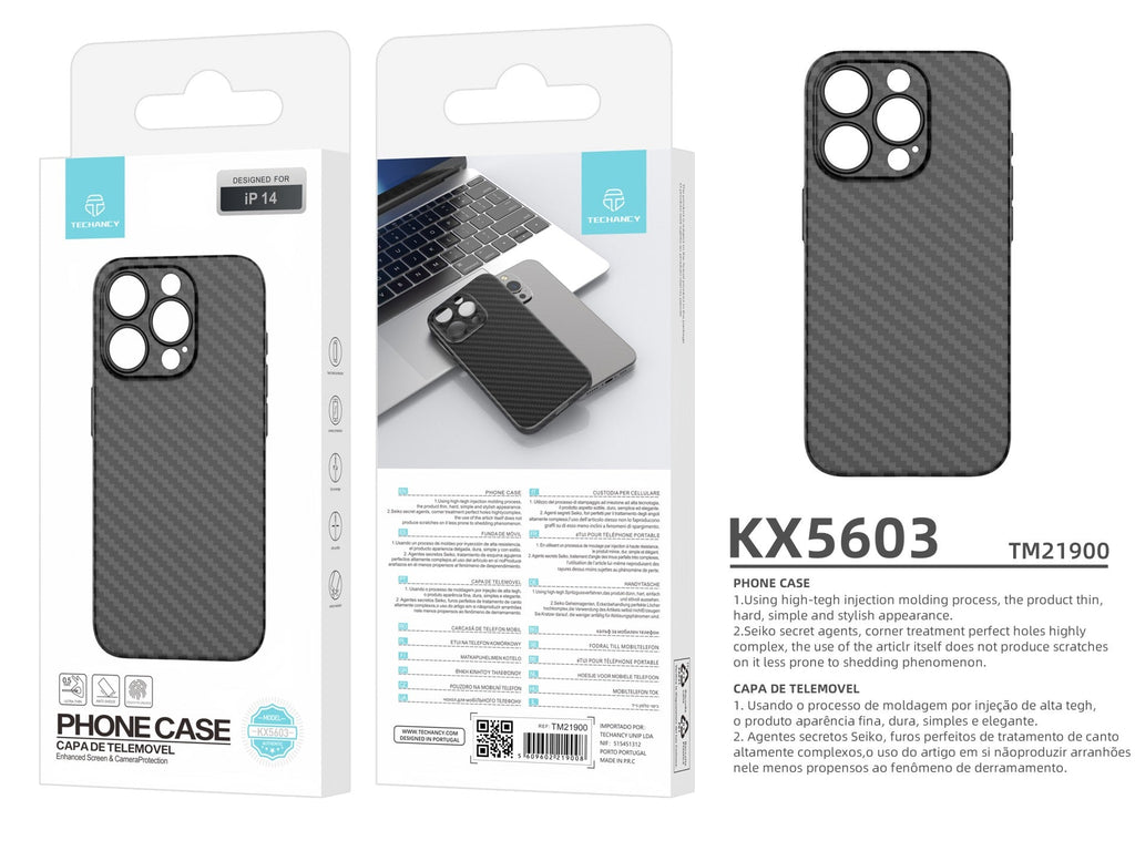 Techancy Capa Para Telemóvel Ultra Fina Em Fibra De Carbono KX5603, Compatível Com Iphone 14, Material Pp De 0,5 Mm.