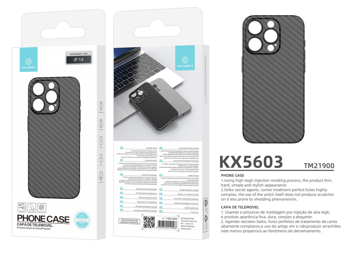 Techancy Capa Para Telemóvel Ultra Fina Em Fibra De Carbono KX5603, Compatível Com Iphone 14, Material Pp De 0,5 Mm.