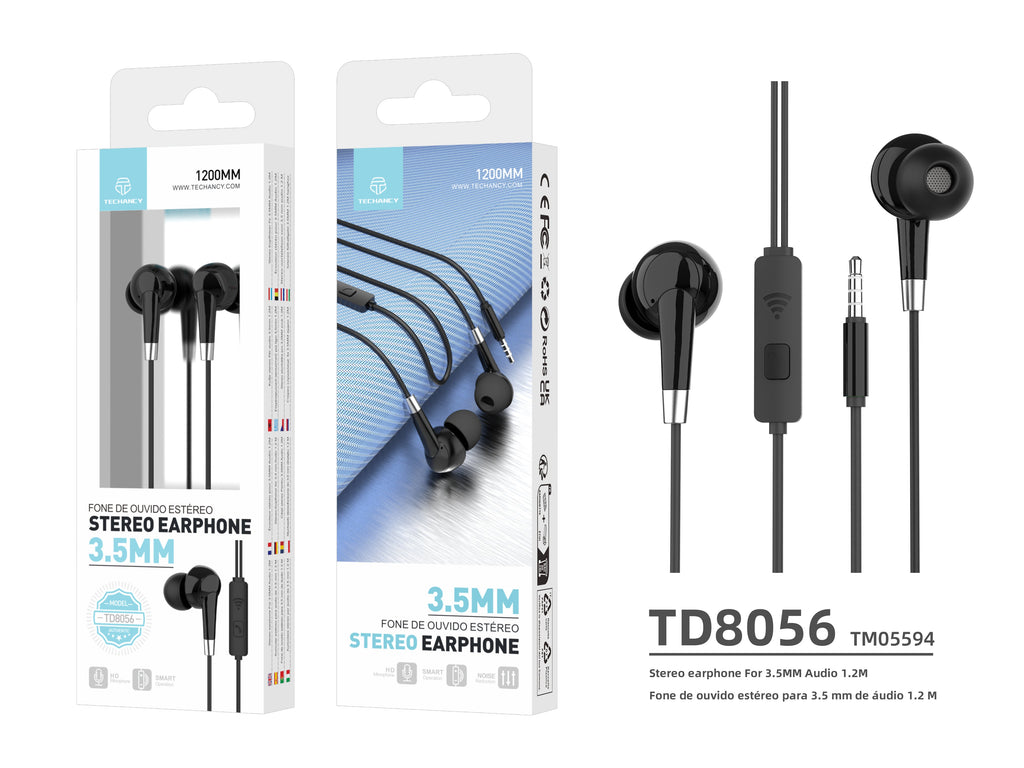 Techancy Auscultadores Intra-Auriculares Com Fios Pretos 1,2 M TD8056, Tomada De 3,5 Mm Compatível Com Telemóveis/Pc/Mp3, Etc.
