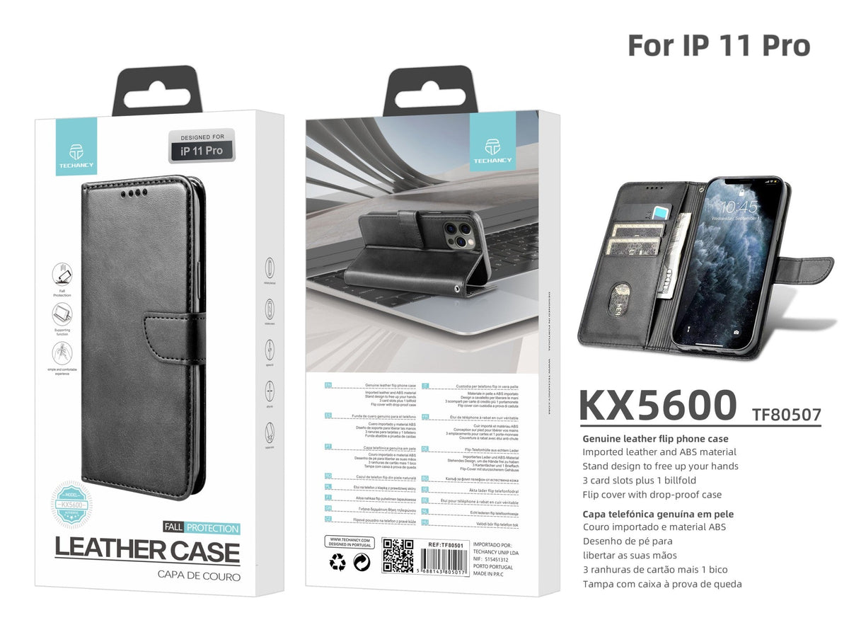 Capa de couro com aba para telemóvel Techancy com 3 ranhuras para cartões, KX5600, função de suporte e proteção contra quedas, compatível com iPhone 11 Pro, Preto