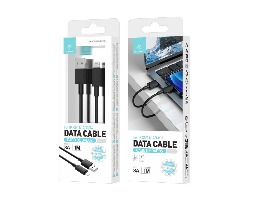 Techancy Cabo De Dados Usb-Lightning Preto TB1768, Comprimento 1m Suporta Corrente De 3A E Transferência De Dados De 480mbps,