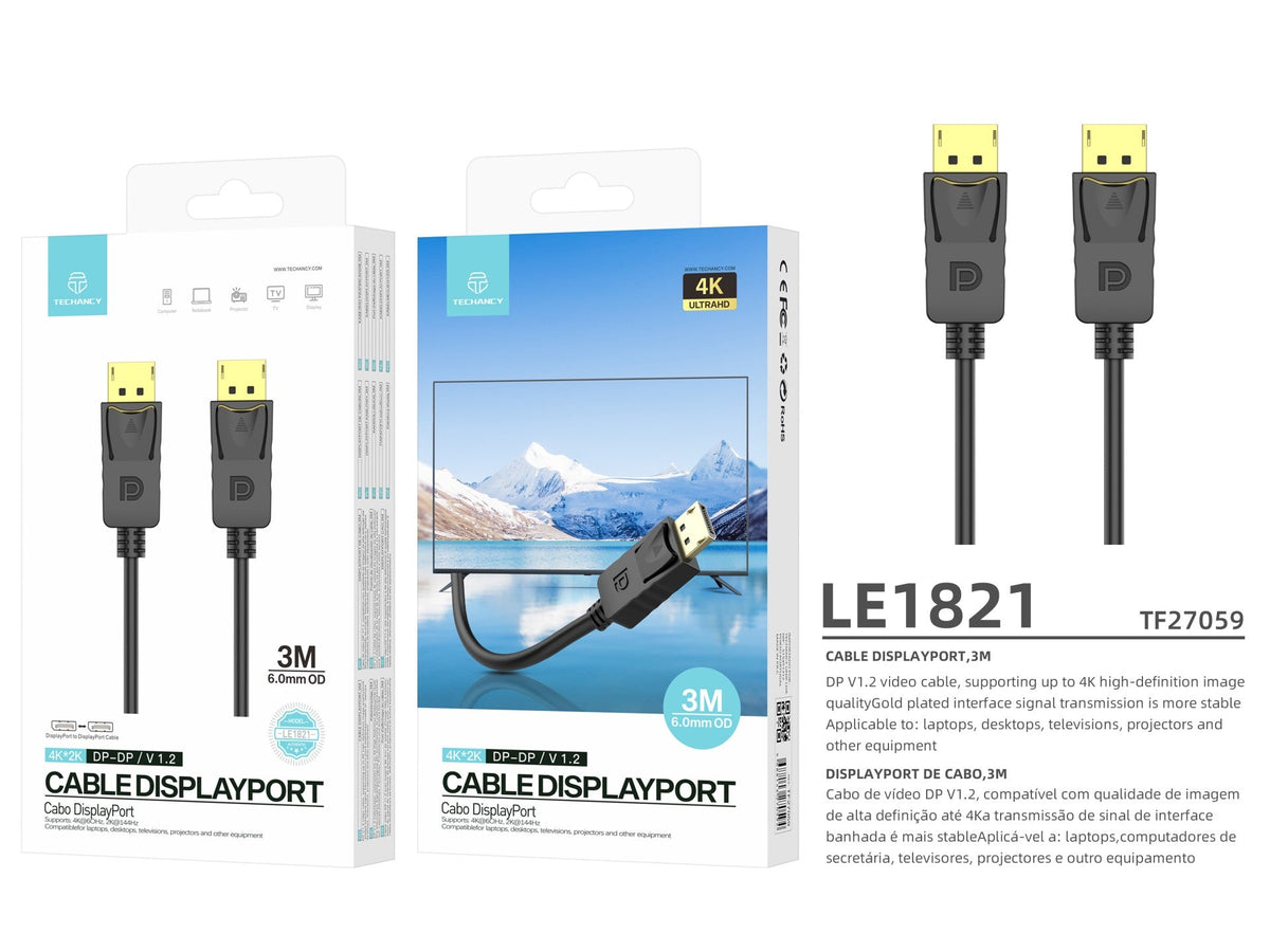 Cabo de vídeo de alta definição Techancy DP para DP 3M, LE1821, 4K*2K/1080P, preto
