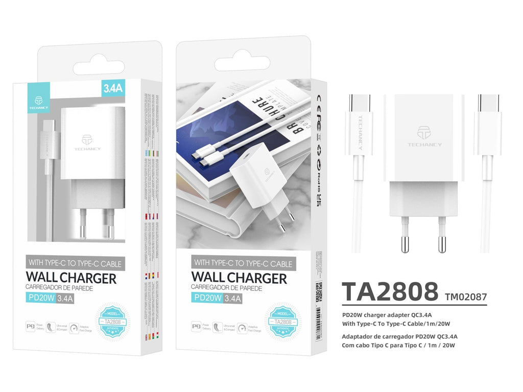 Techancy Carregador De Parede Pd Branco TA2807, Carregamento Rápido 3.4A Pd20w, Conjunto De Cabos Tipo-C Para Tipo-C 1m