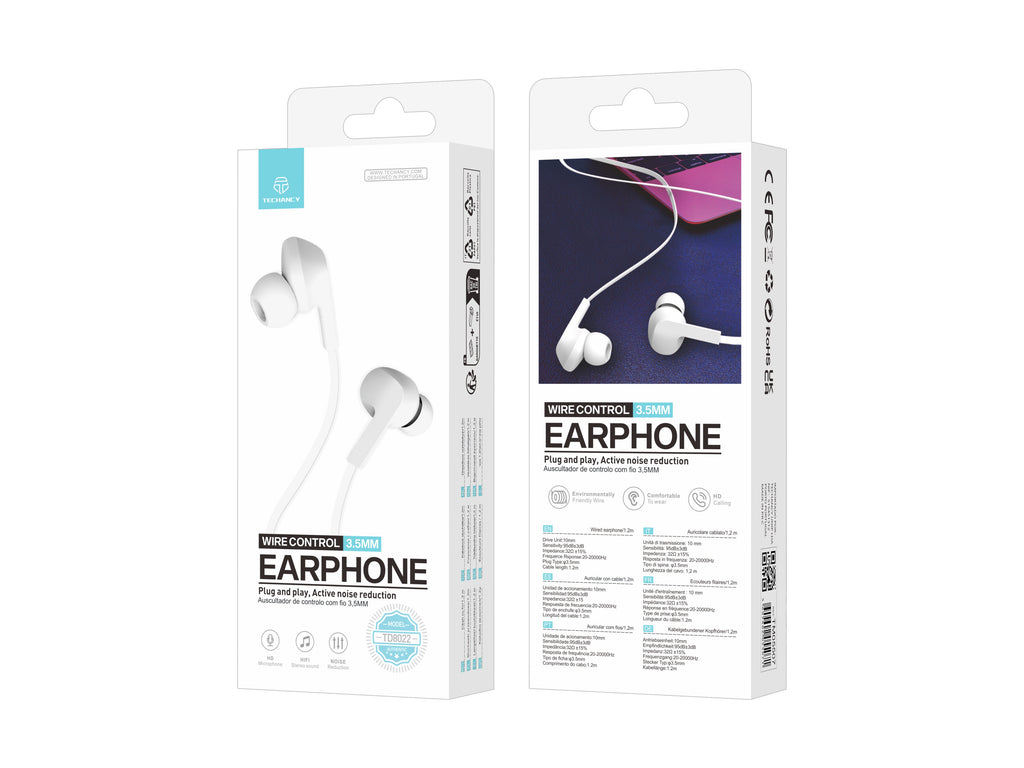 Techancy Auricular Com Fios Branco TD8022 , Microfone Integrado, 3,5 Mm, Compatível Com Smartphones E Tablets