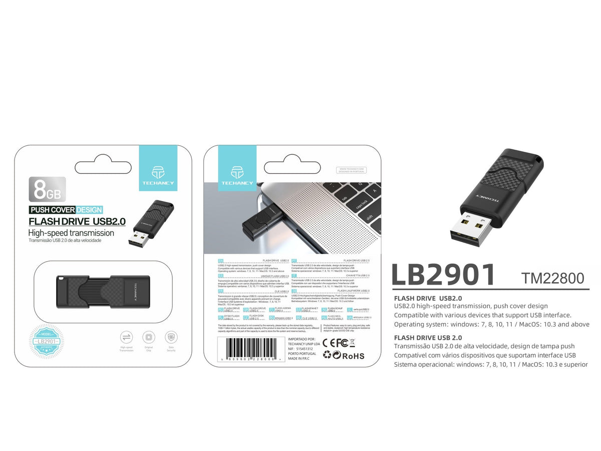 Techancy USB Flash Drive 8GB Preto LB2901, Usb 2.0, Compatível com PC/Mobile/Mac, Armazenamento seguro de ficheiros