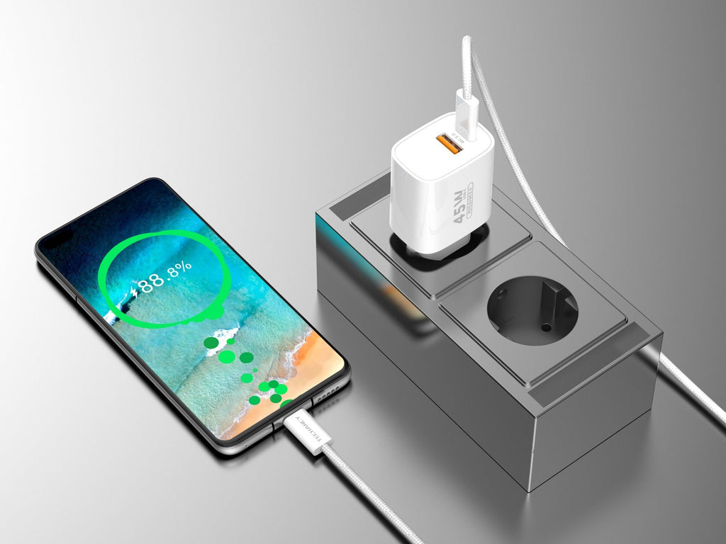 Techancy Carregador USB-A+USB-C TA2820, 45W PD, com Cabo USB-C para USB-C de 1m, CompatIvel com Múltiplos Dispositivos