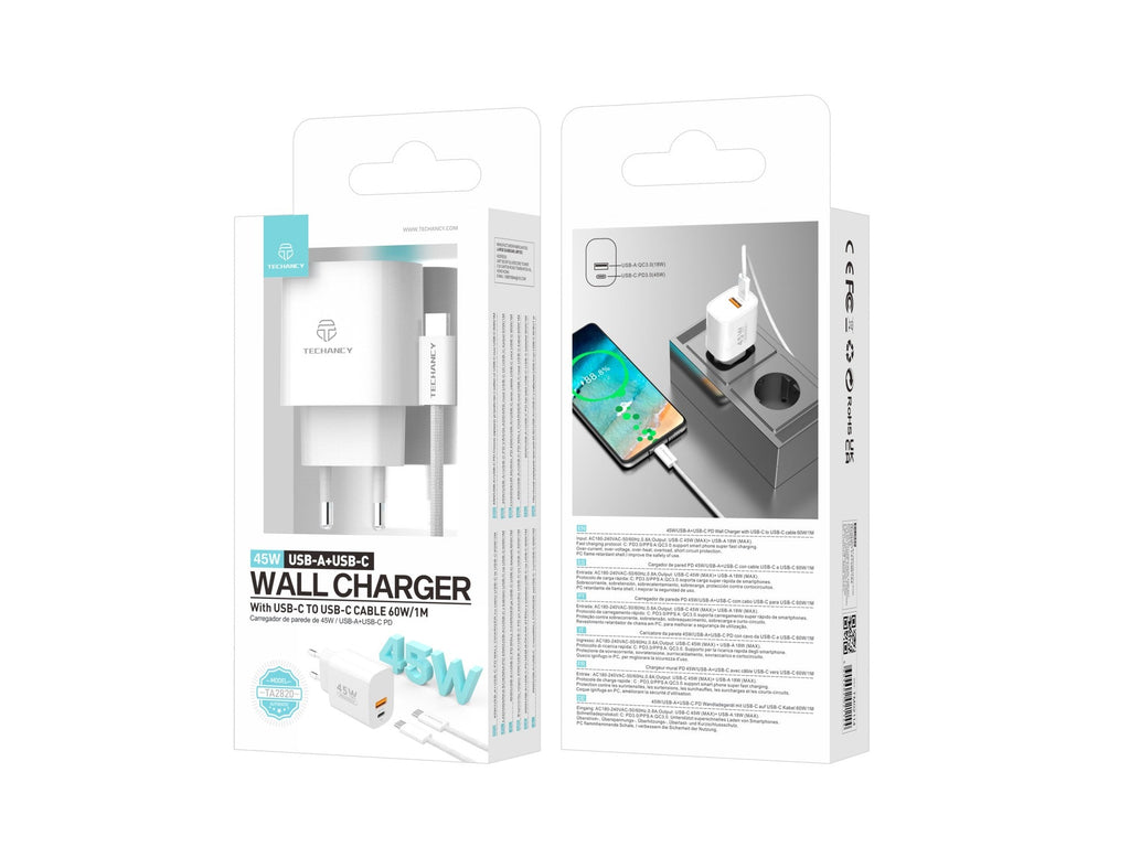 Techancy Carregador USB-A+USB-C TA2820, 45W PD, com Cabo USB-C para USB-C de 1m, CompatIvel com Múltiplos Dispositivos