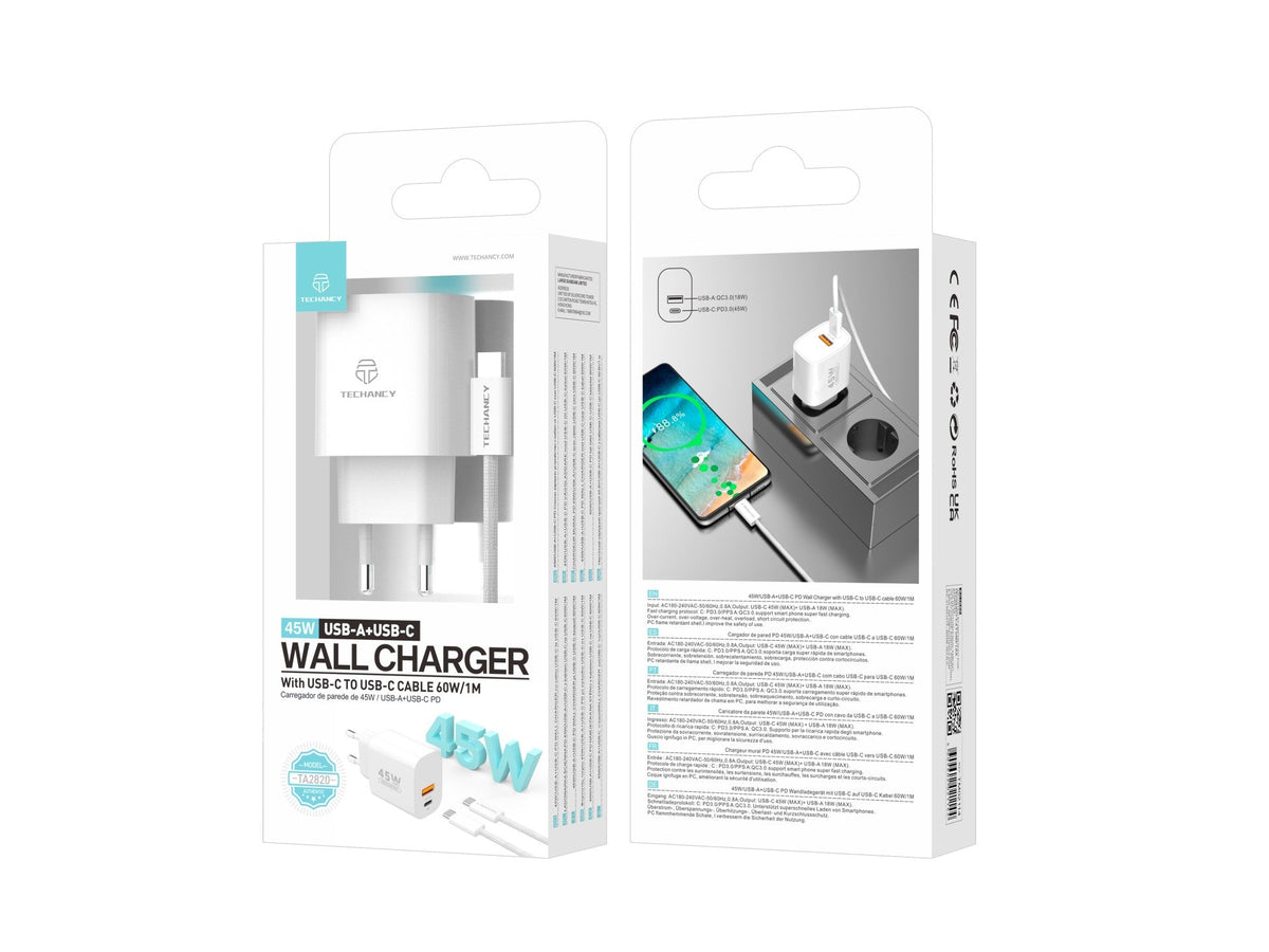 Techancy Carregador USB-A+USB-C TA2820, 45W PD, com Cabo USB-C para USB-C de 1m, CompatIvel com Múltiplos Dispositivos