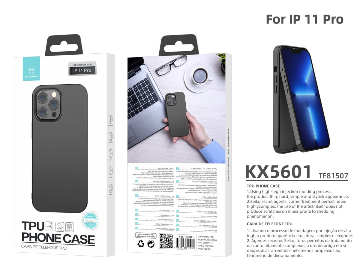 Capa para telemóvel Techancy New TPU Preto, KX5601, com proteção para a lente da câmara, compatível com iPhone 11 Pro