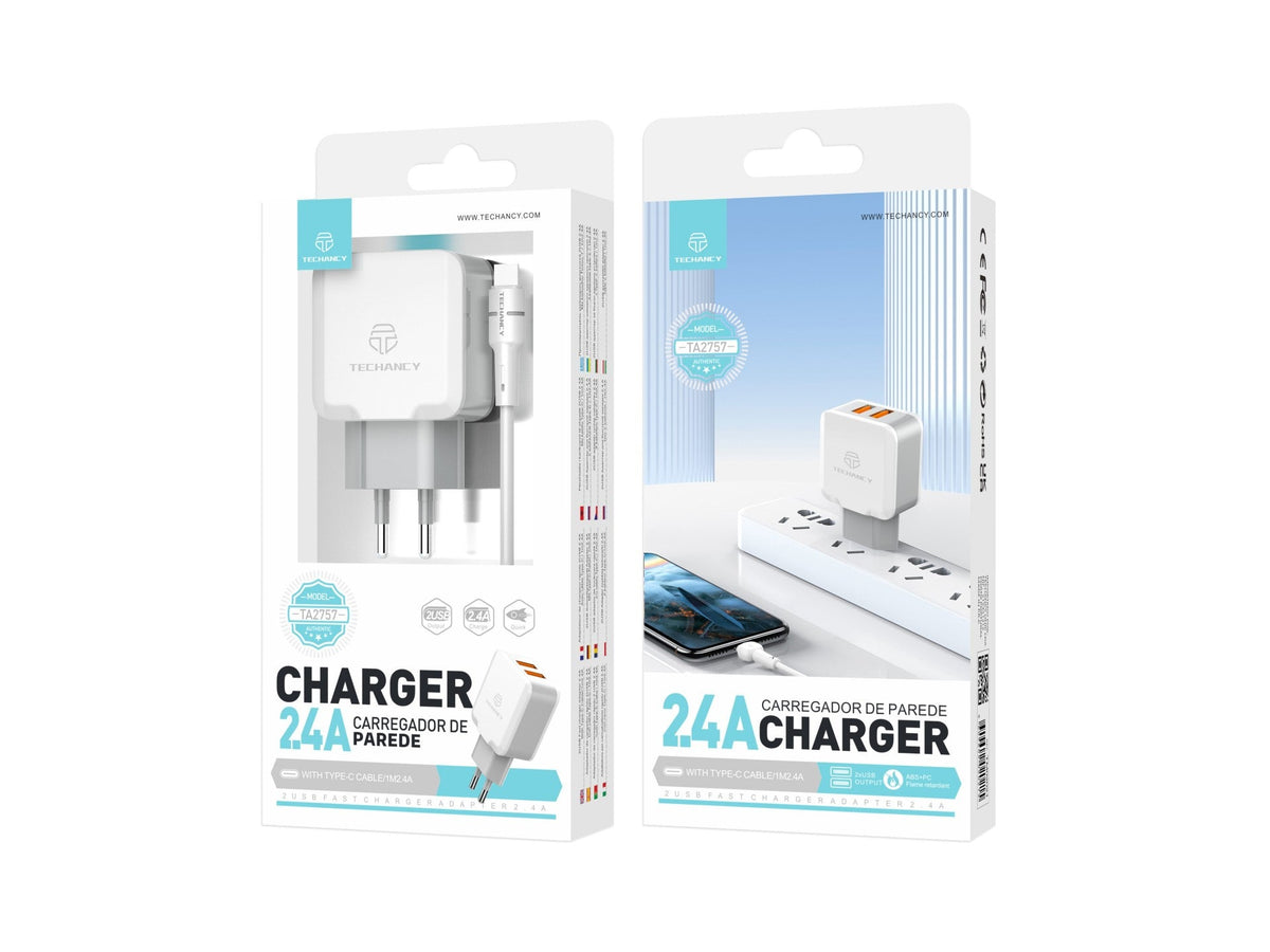 Techancy Carregador De Parede De Porta Usb Dupla 2.4A Branco TA2757 Com Conjunto De Cabos Usb-Tipo-C 1m