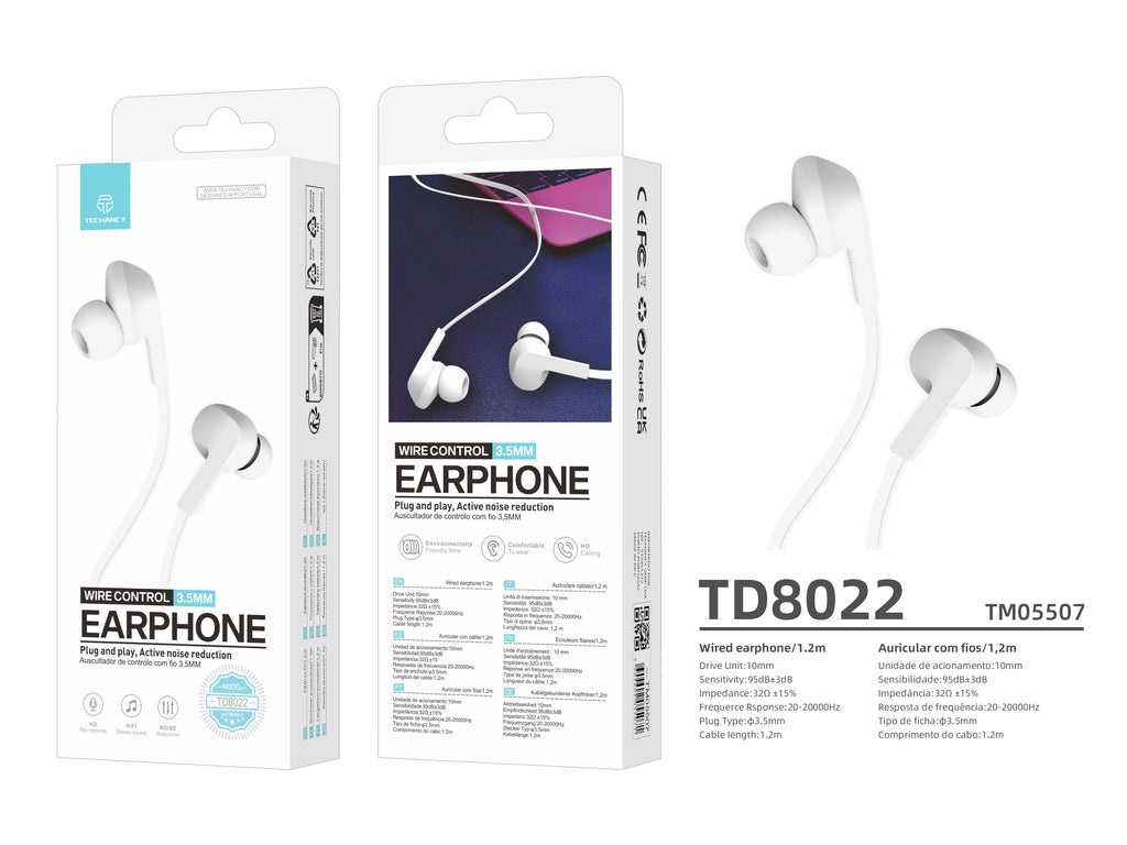 Techancy Auricular Com Fios Branco TD8022 , Microfone Integrado, 3,5 Mm, Compatível Com Smartphones E Tablets