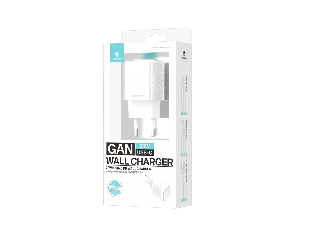 Techancy Carregador De Telemóvel De 20 W Branco TA2815, Carregamento Rápido Usb-C Pd, Chip Inteligente Gan Incorporado
