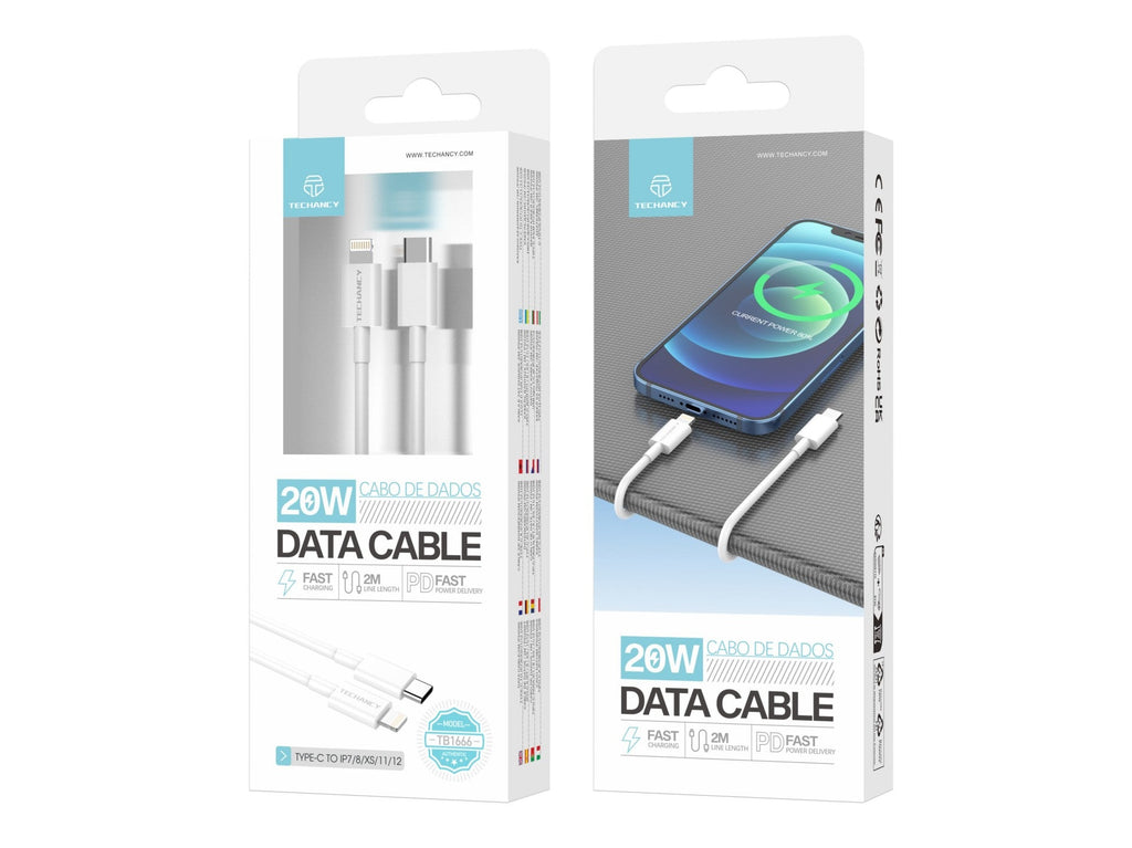 Techancy Cabo De Dados Branco 20w TB1666, Compatível Com Iphone 7 Até 14, Carregamento Rápido Pd, Durável, 2m