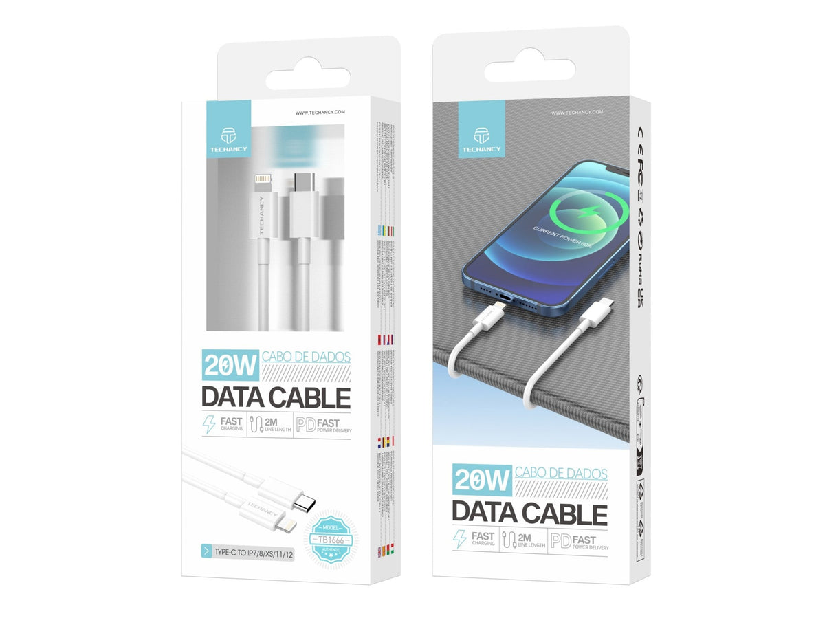 Techancy Cabo De Dados Branco 20w TB1666, Compatível Com Iphone 7 Até 14, Carregamento Rápido Pd, Durável, 2m