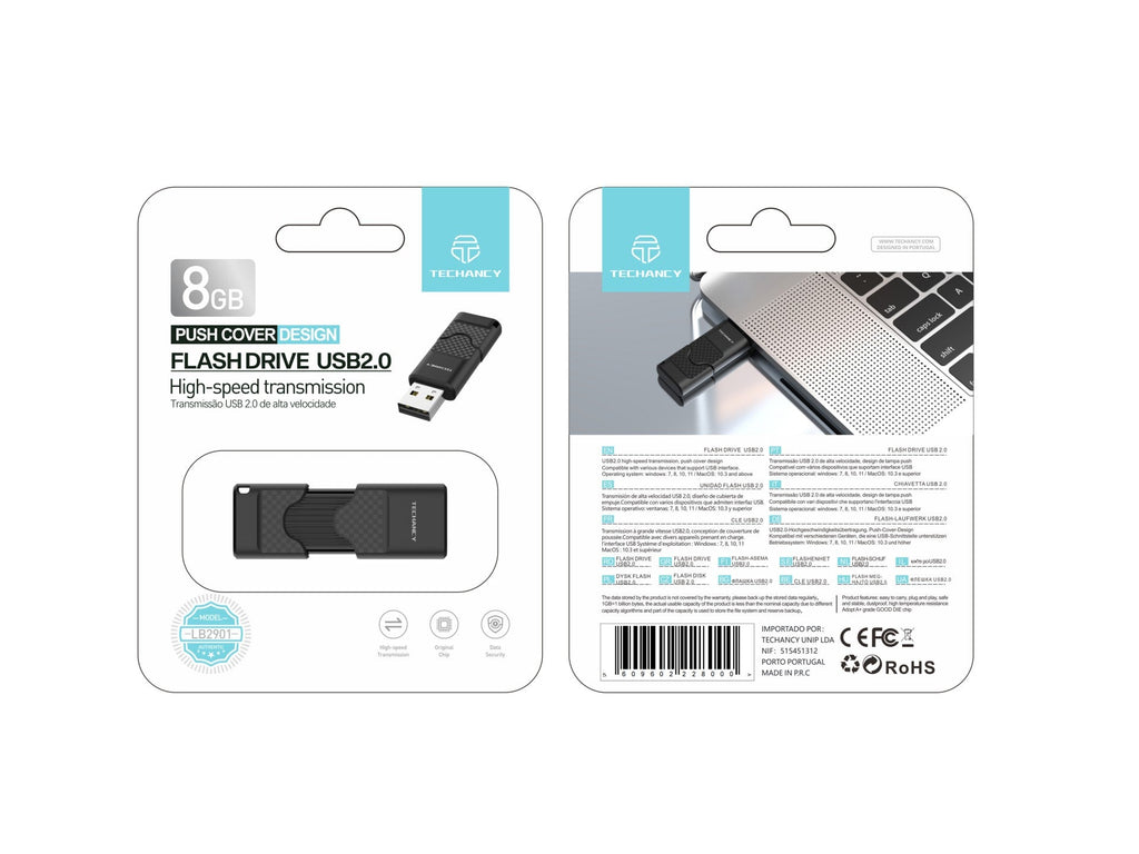 Techancy USB Flash Drive 8GB Preto LB2901, Usb 2.0, Compatível com PC/Mobile/Mac, Armazenamento seguro de ficheiros