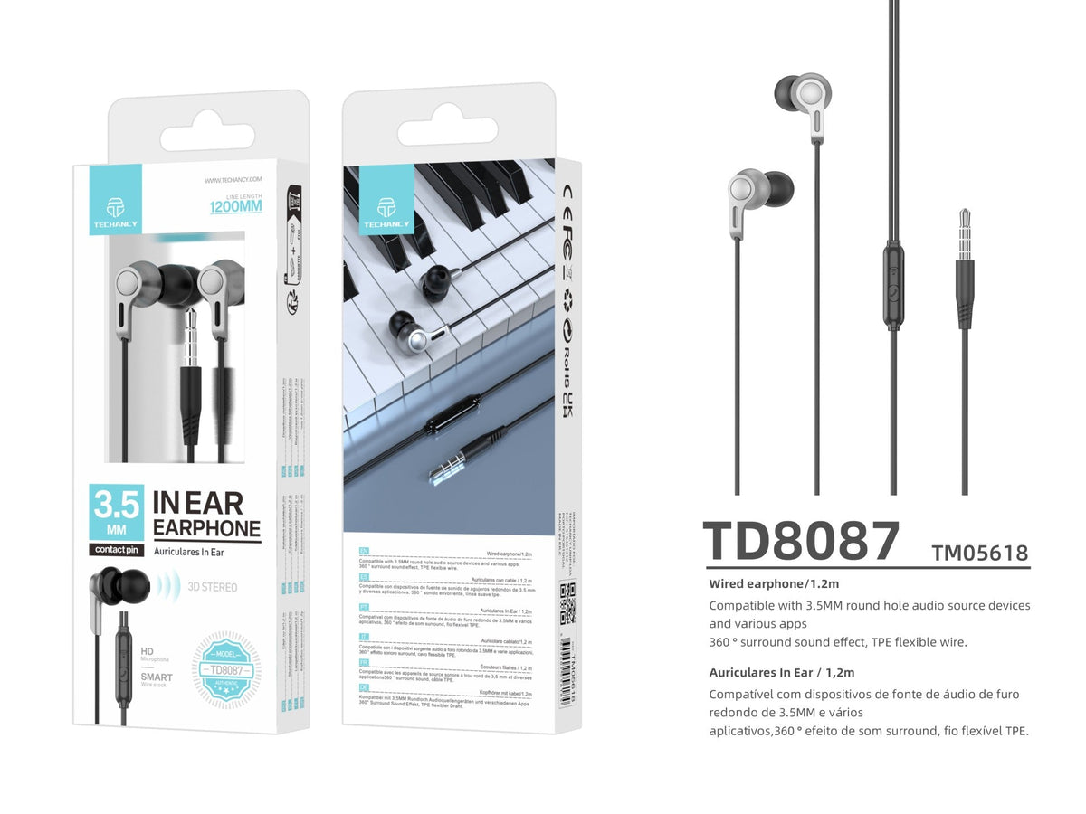 Techancy Auscultadores Intra-Auriculares 1,2 Metros Pretos TD8088, 3,5 Mm Com Microfone, Auscultadores Com Som Estéreo 3d