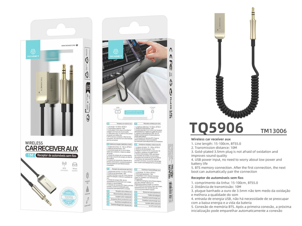Techancy Recetor De Automóvel Sem Fios TQ5906, Ligação De Memória Bluetooth 5.0, Recetor De Áudio AUX De 3,5 Mm,