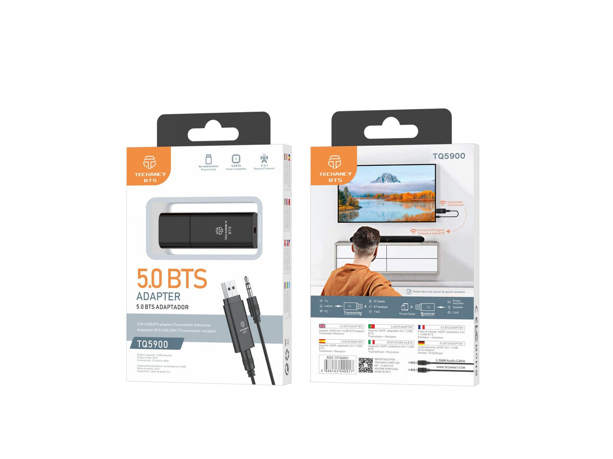 Adaptador Bluetooth sem fios 2 em 1 Techancy, TQ5900, suporta transmissão e receção de áudio Bluetooth, preto