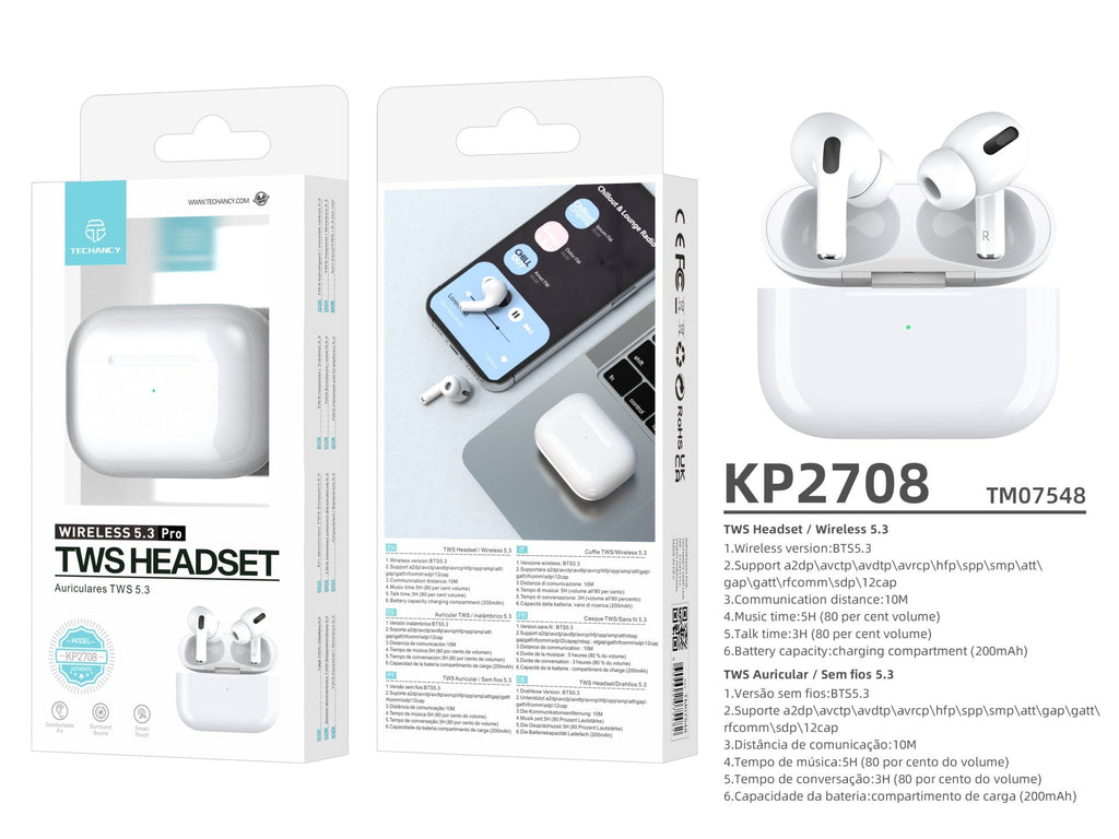 Techancy Tws Wireless Headset Pro White KP2708, Bluetooth 5.3, Auricular Estéreo Com Conversação, Reprodução De Música 5h