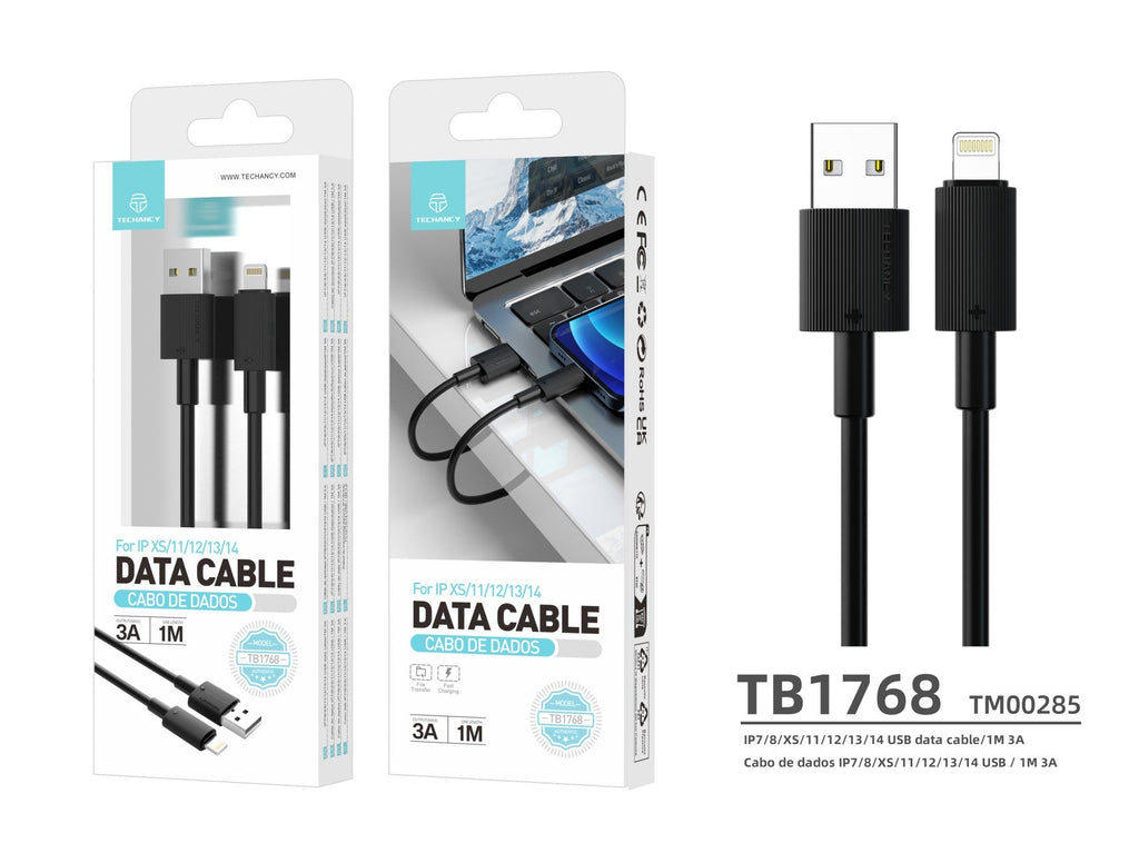 Techancy Cabo De Dados Usb-Lightning Preto TB1768, Comprimento 1m Suporta Corrente De 3A E Transferência De Dados De 480mbps,