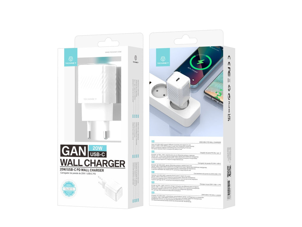 Techancy Carregador De Telemóvel De 20 W Branco TA2815, Carregamento Rápido Usb-C Pd, Chip Inteligente Gan Incorporado