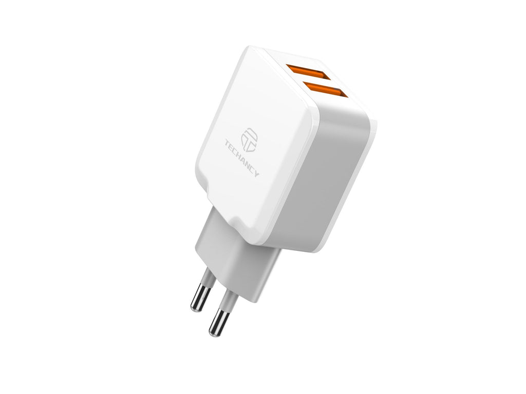 Techancy Carregador De Parede De Porta Usb Dupla 2.4A Branco TA2757 Com Conjunto De Cabos Usb-Tipo-C 1m