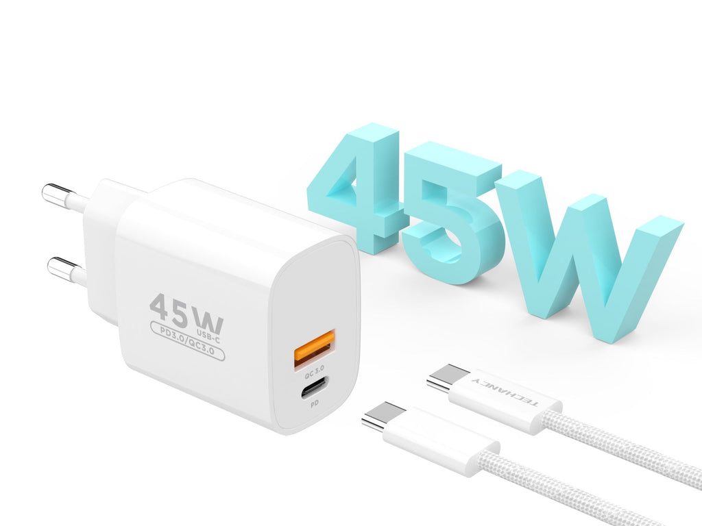 Techancy Carregador USB-A+USB-C TA2820, 45W PD, com Cabo USB-C para USB-C de 1m, CompatIvel com Múltiplos Dispositivos