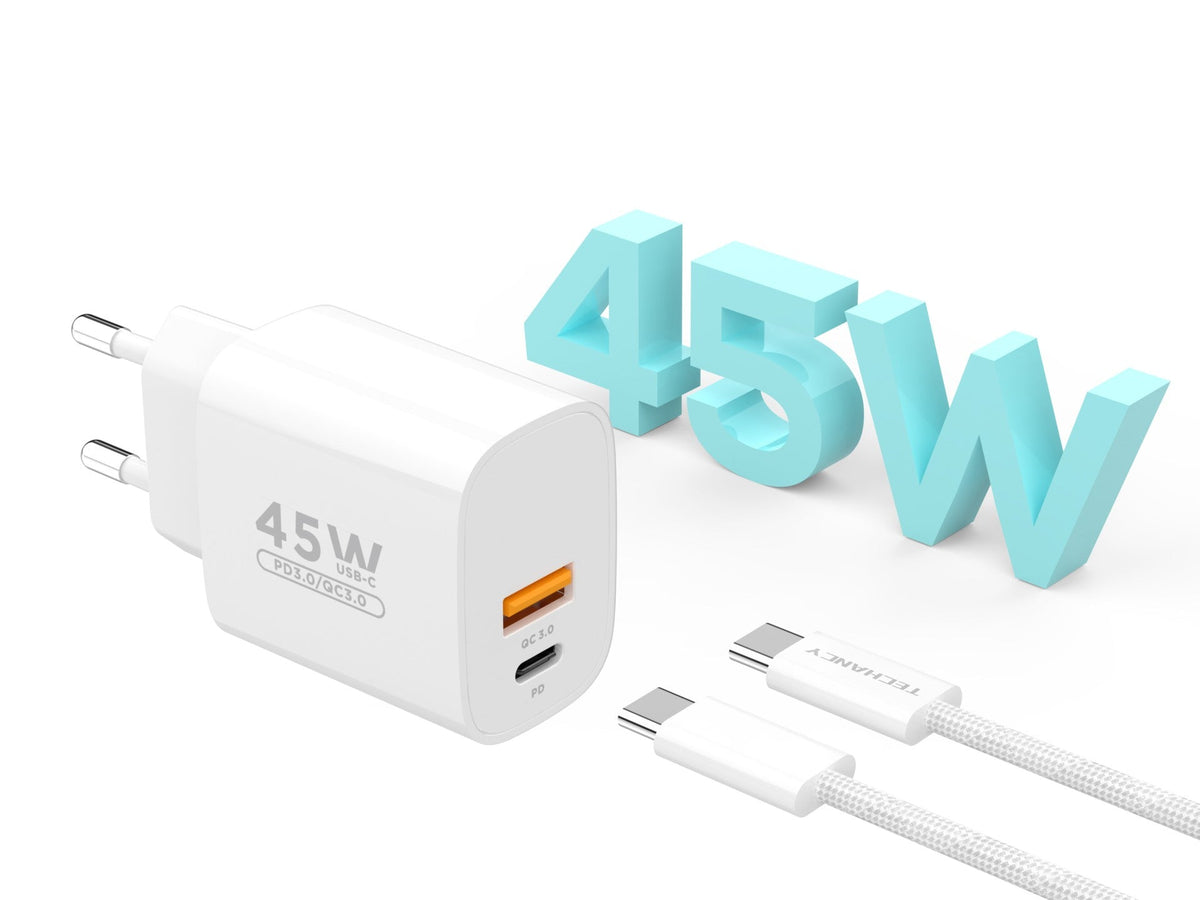 Techancy Carregador USB-A+USB-C TA2820, 45W PD, com Cabo USB-C para USB-C de 1m, CompatIvel com Múltiplos Dispositivos