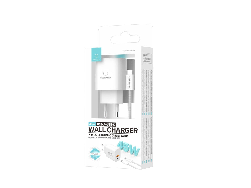 Techancy Carregador USB-A+USB-C TA2820, 45W PD, com Cabo USB-C para USB-C de 1m, CompatIvel com Múltiplos Dispositivos
