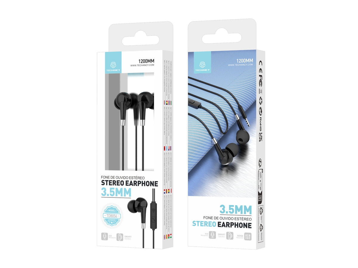 Techancy Auscultadores Intra-Auriculares Com Fios Pretos 1,2 M TD8056, Tomada De 3,5 Mm Compatível Com Telemóveis/Pc/Mp3, Etc.