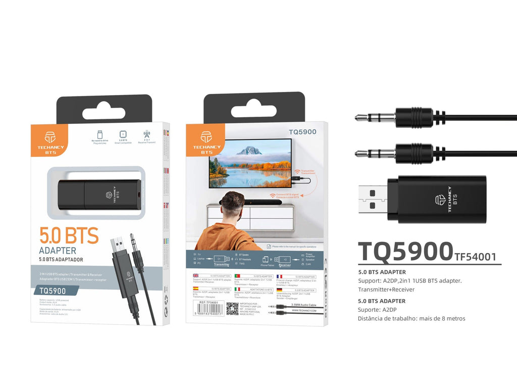 Adaptador Bluetooth sem fios 2 em 1 Techancy, TQ5900, suporta transmissão e receção de áudio Bluetooth, preto