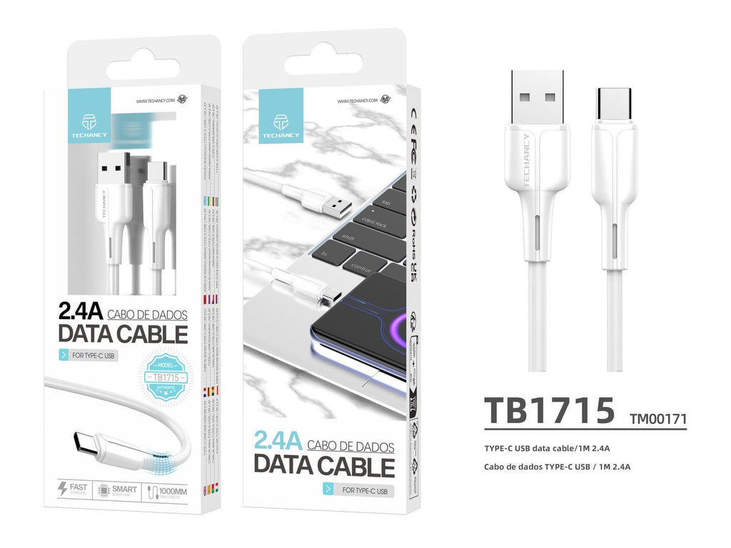 Techancy Cabo De Dados Usb-Type-C Branco 1M TB1715,Carregamento Rápido De 2,4 A, Suporta Transmissão De Dados, Material Pvc