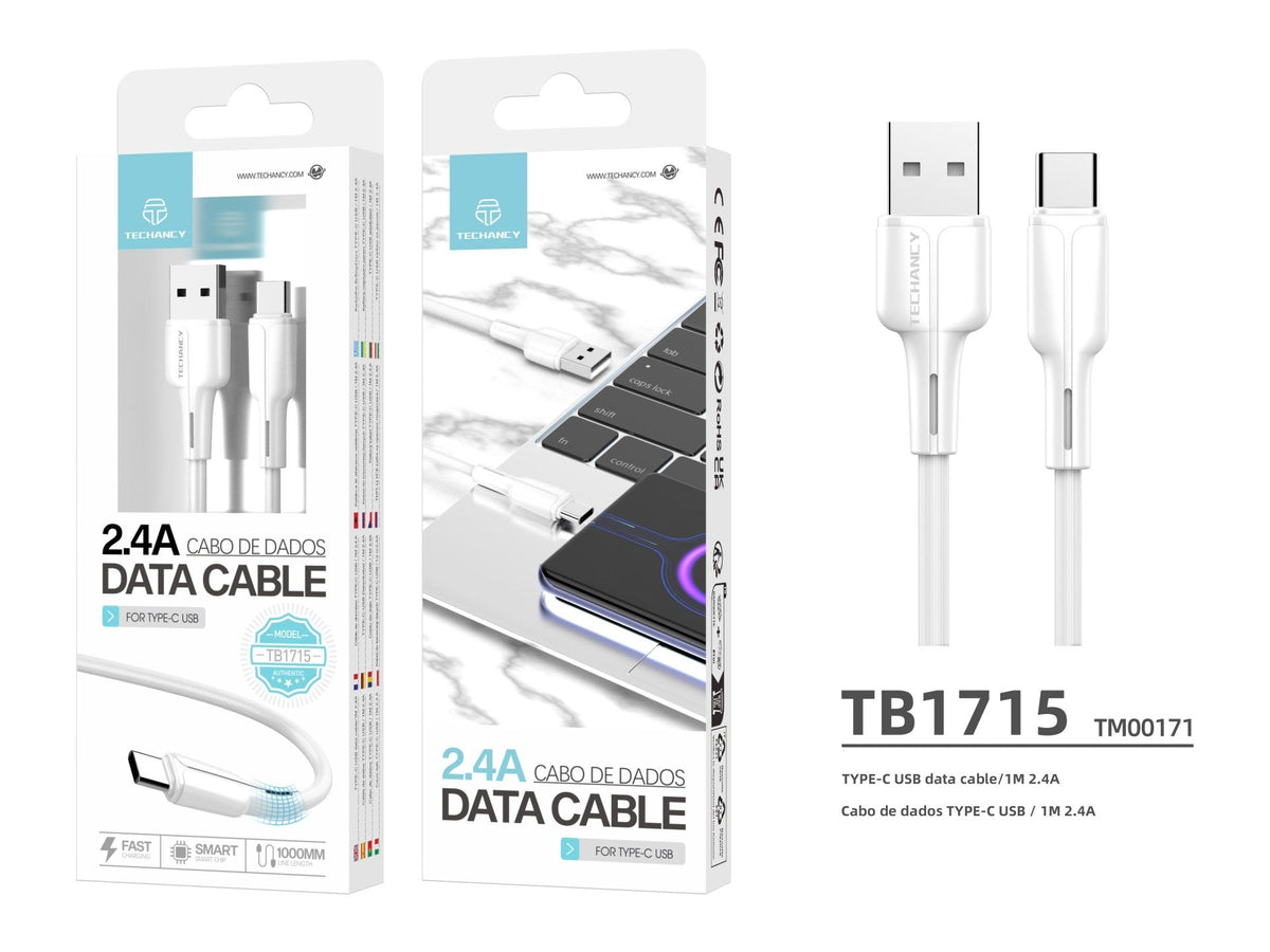 Techancy Cabo De Dados Usb-Type-C Branco 1M TB1715,Carregamento Rápido De 2,4 A, Suporta Transmissão De Dados, Material Pvc